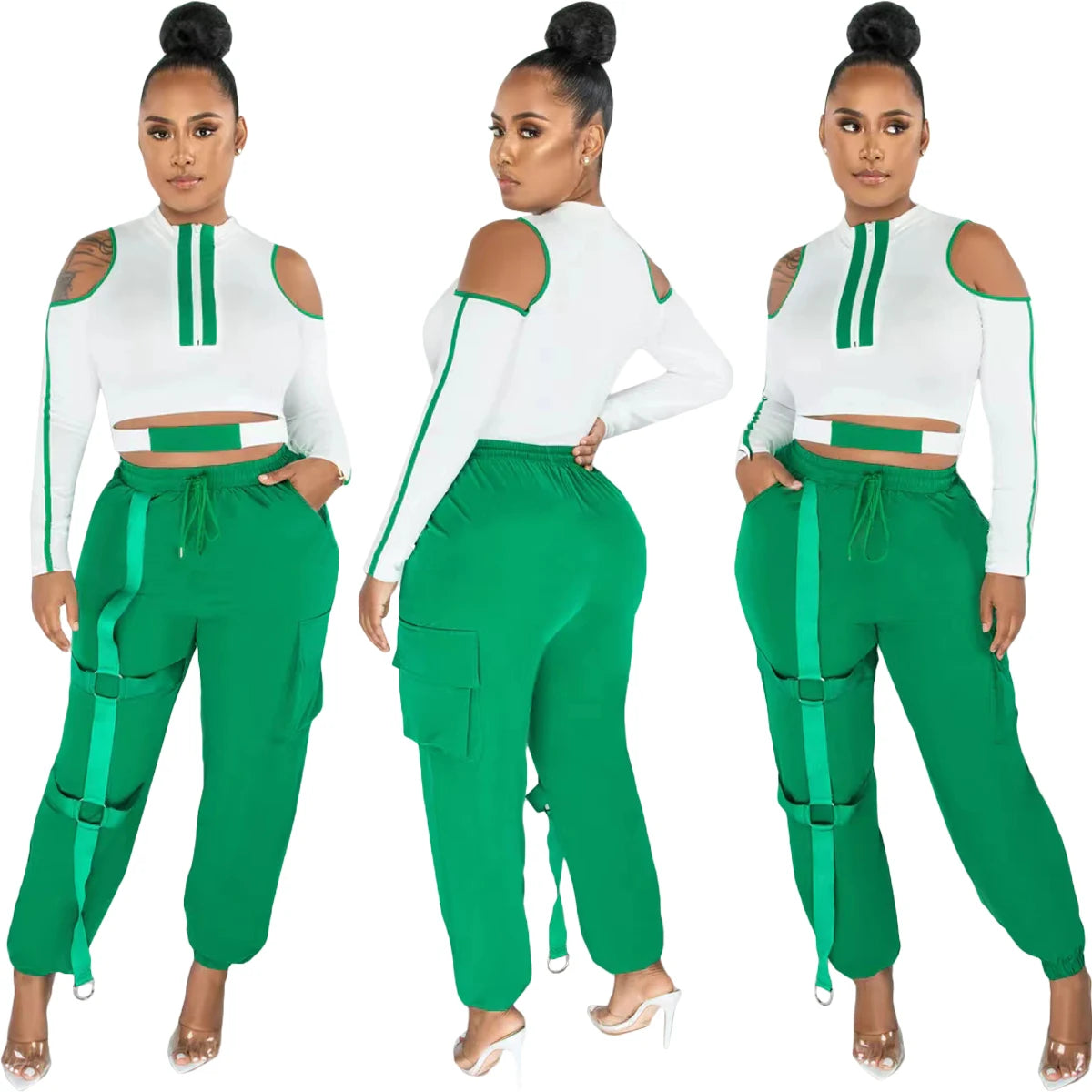 2023 New Summer Fashion Stitching Hollow Out Cold Shoulder 2 Piece Pant Set