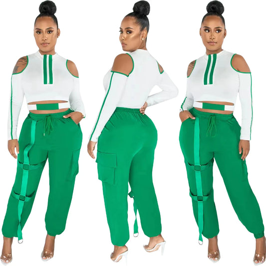 2023 New Summer Fashion Stitching Hollow Out Cold Shoulder 2 Piece Pant Set