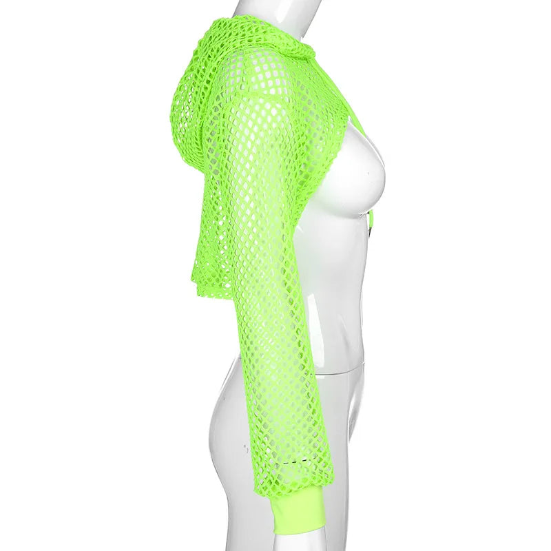 2022 New Spring  Streetwear Neon Green Mesh Fishnet Top Women Tshirt Perspective Long Sleeve Women's T-shirts Sexy Cropped Shirt