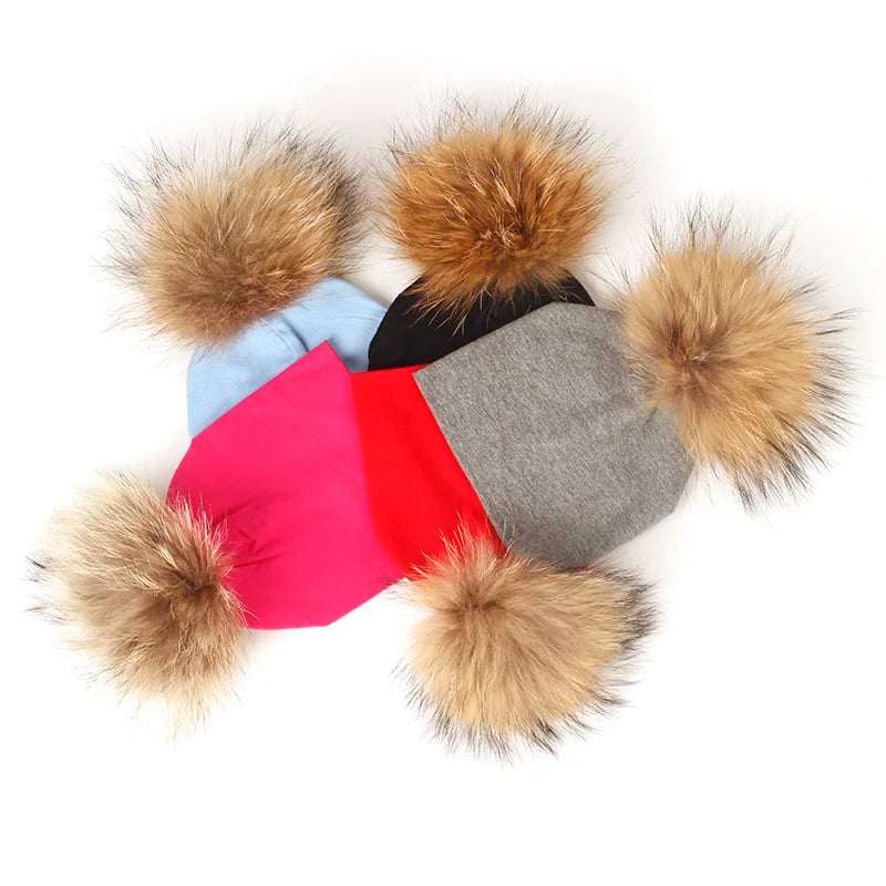 Geebro 0-3 Month Baby Boys Soft Cotton Real Fur pompom Beanies Hats For Newborn Girls Spring Autumn Kids Infants Toddler Hats