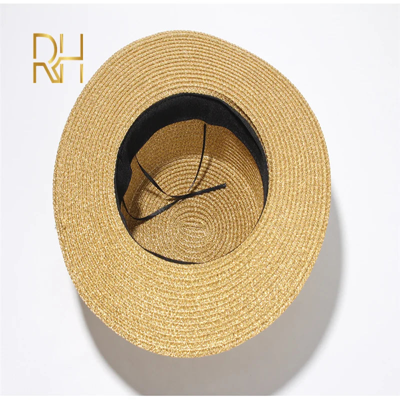 Fashion Sequins Sunscreen Paper Straw Hat Spring Summer British Flat Top Panama Sunshade Golden Bee Beach Hat