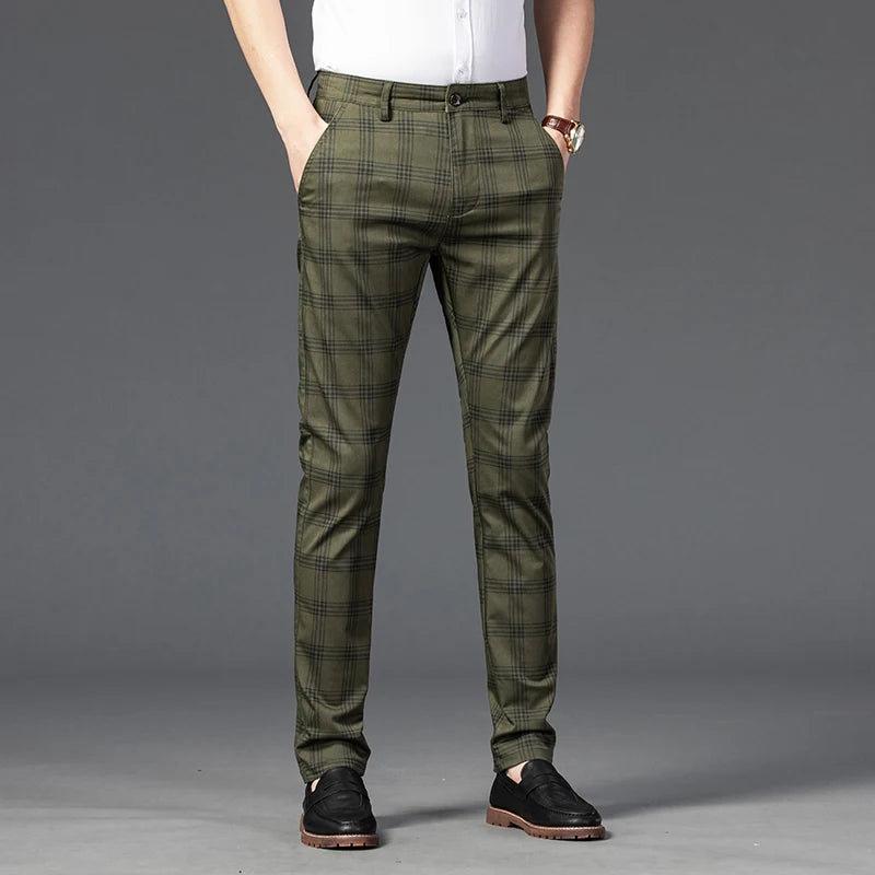 2025 Spring New Men's Plaid Casual Pants Business Fashion Slim Stretch Male Skinny Trousers Brand Clothes 7 Color