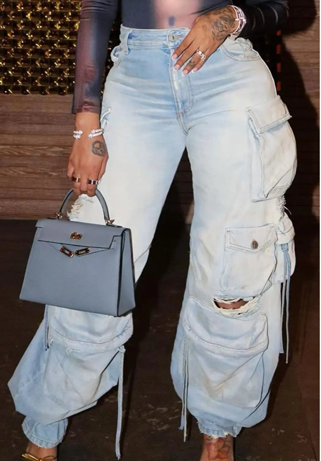 Liu Ming Spring Summer New 2023 Women Fashion Multi Pockets Cargo Pants Loose Fitting Straight Leg Jeans