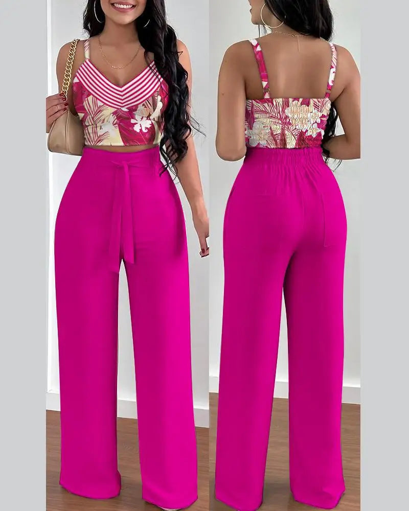 Women's Pleated Suspender Top With Fashionable Wide Leg High Waist Pants Set Casual 2-piece Set