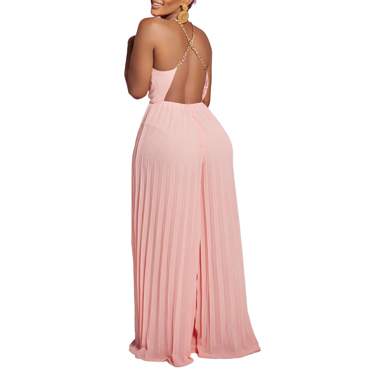 D3281 Latest Design Sexy Summer Jumpsuit Women Chain Halter Neck High Waist Backless Pleated Wide Leg Jumpsuit for Ladies