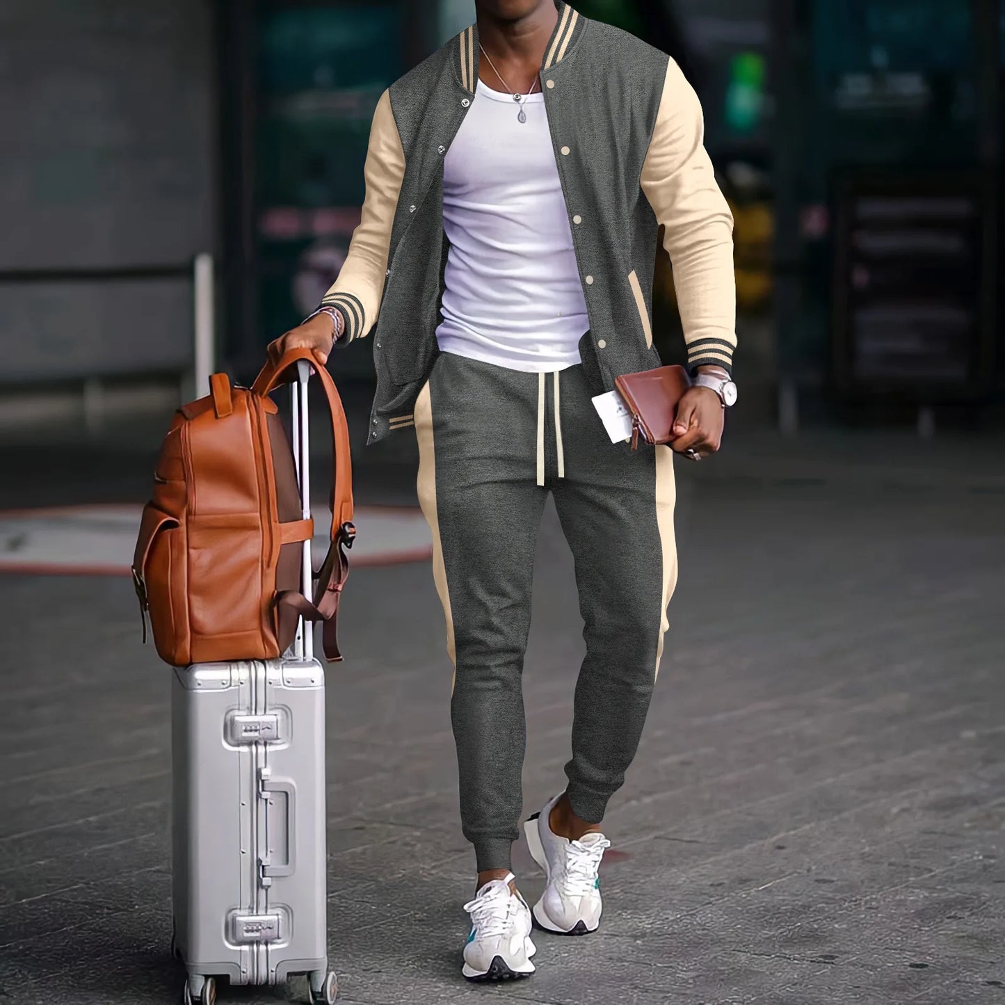 Ohsisa 2025 Men Spring Autumn Sports Set Baseball Jacket Coat Long Sleeve Button Cardigan Two Piece Set Long Pants Suits