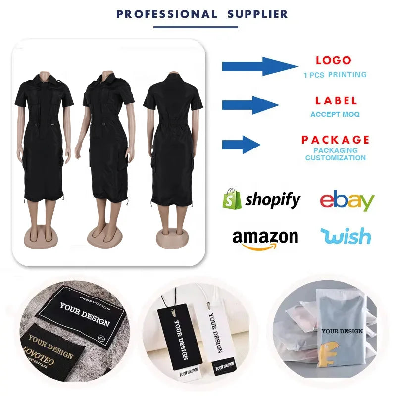 K3320 High-Quality Streetwear Casual Dresses Women Multiple Pockets Drawstring Cargo Summer  Dress for Women