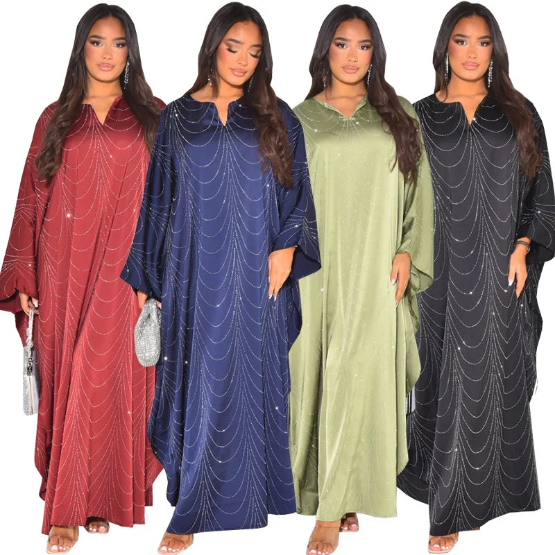 Elegant Maxi Dress Turkish Caftan Wholesale Abaya Hot Diamond Kaftan Batwing Sleeves Women Muslim Dress Dubai Islamic Clothing