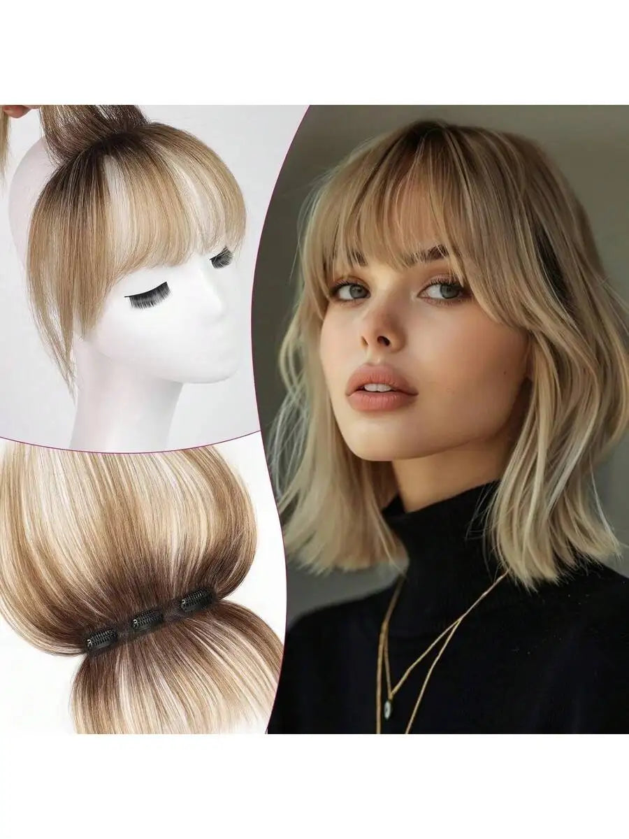 Human Hair Bangs Clip in Hair Extensions Fake Bangs 360° Clip on Air Bangs Hairpieces for Women With Temples 3 Secure Clips
