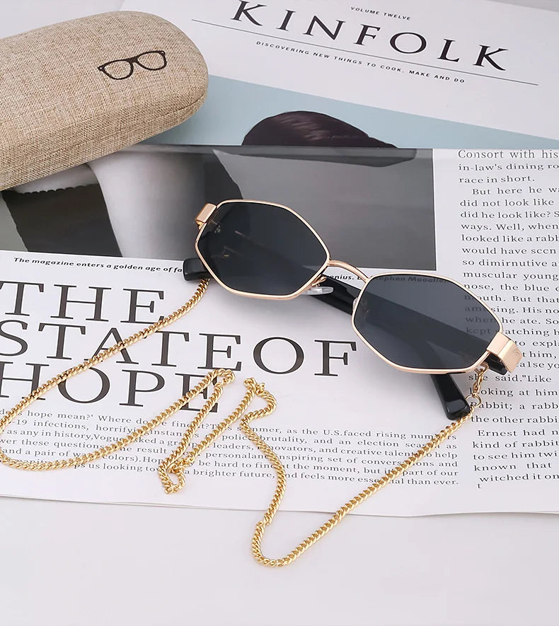 Sexy Small Frame Hexagon Sunglasses Women With Chain 2026 Luxury Brand Designer Punk Sun Glasses For Ladies Shades Gafas De Sol