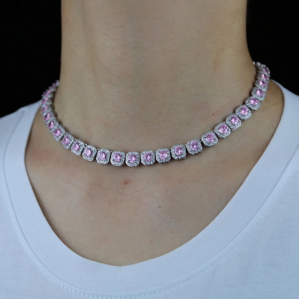 Iced Out Bling pink Diamond Hip Hop Women Charm Jewelry Geometric square Cubic Zirconia Cz Cluster Tennis Necklace