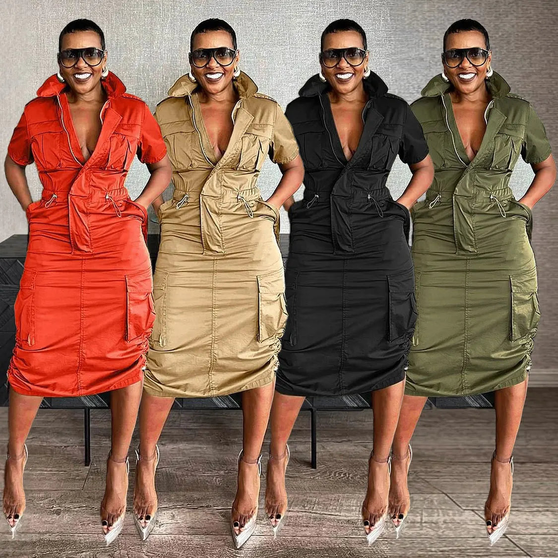 K3320 High-Quality Streetwear Casual Dresses Women Multiple Pockets Drawstring Cargo Summer  Dress for Women