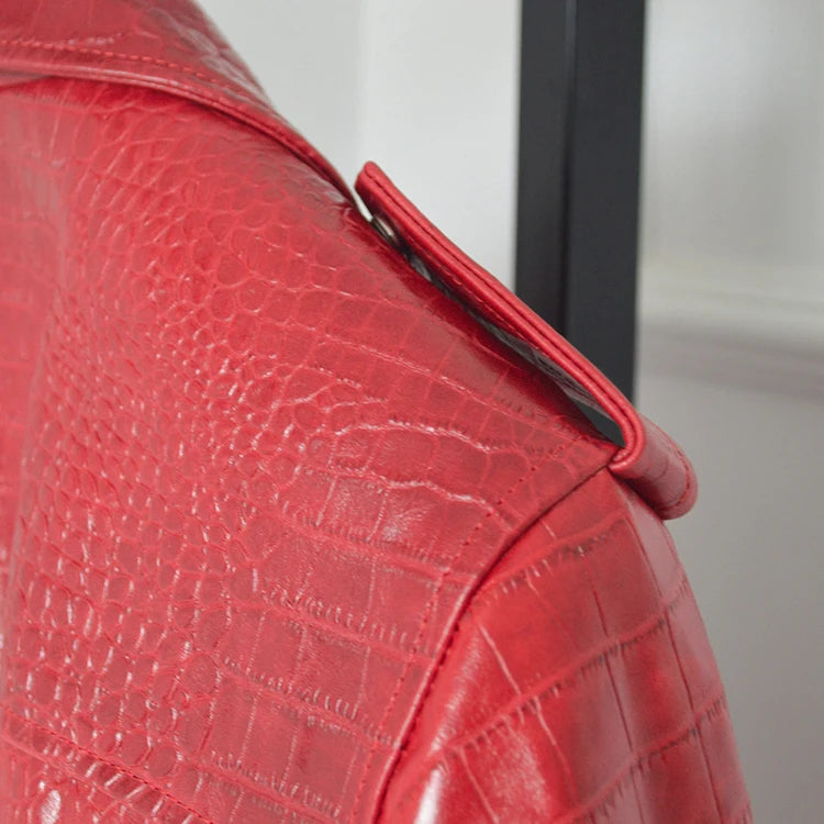 Mauroicardi Spring Red Crocodile Pattern Faux Leather Biker Jacket Long Sleeve Zipper Plus Size Designer Men Clothing 4xl 5xl