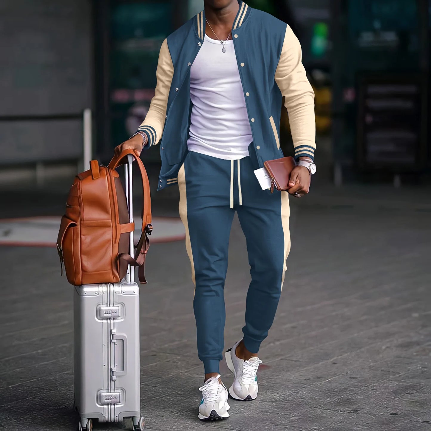 Ohsisa 2025 Men Spring Autumn Sports Set Baseball Jacket Coat Long Sleeve Button Cardigan Two Piece Set Long Pants Suits