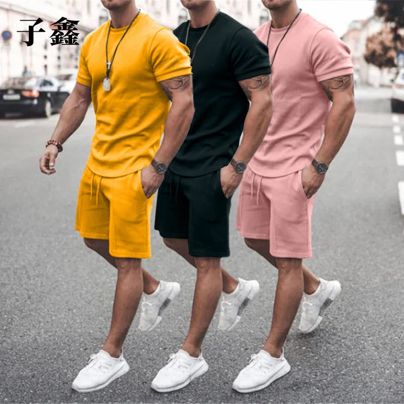 New Fashion Summer Shorts Tracksuit Men's Suit Active Wear 2 Piece Short Set Custom logo Blank Cotton Shorts Set Men