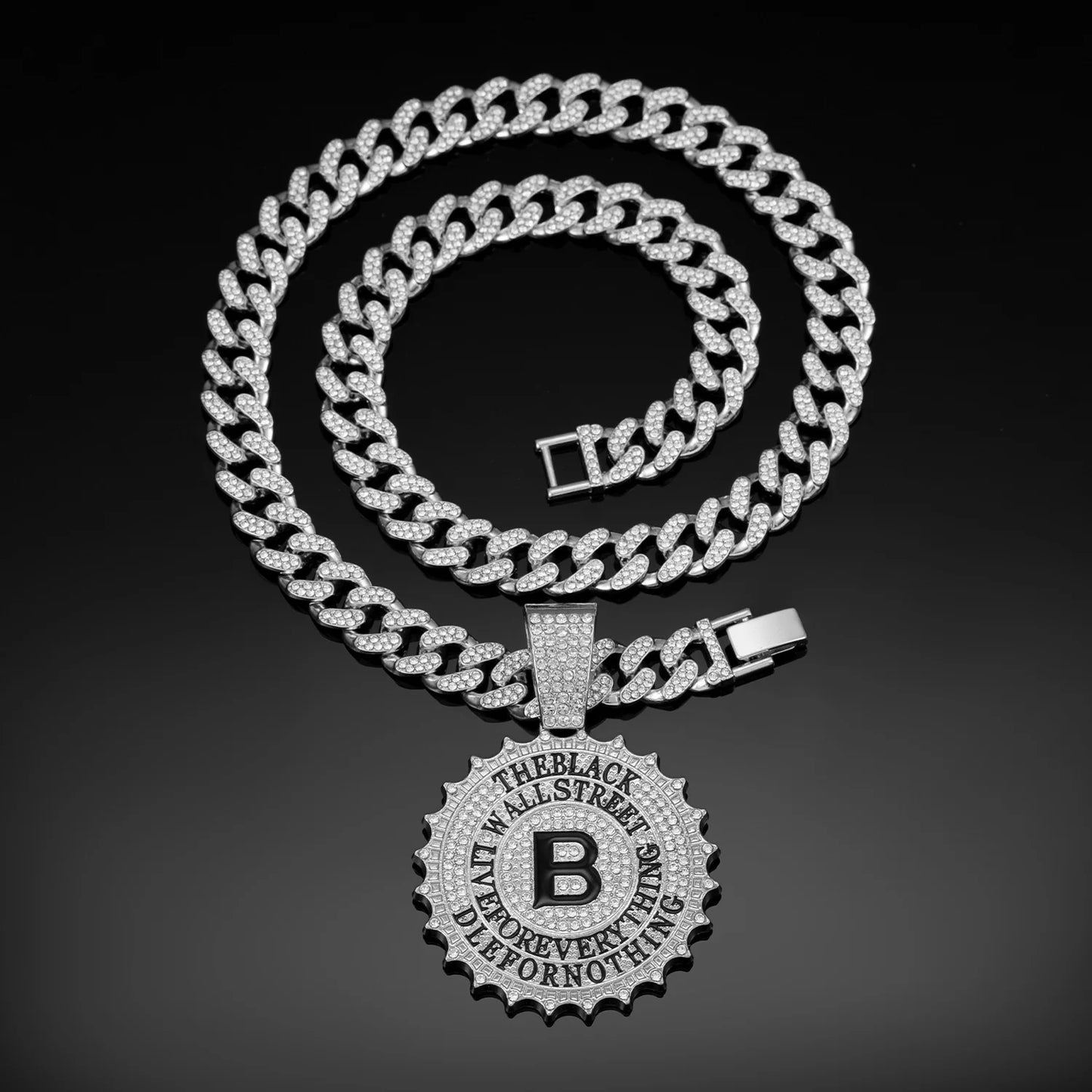 CJH Hip Hop Brand Men's Full Diamond Cuban Necklace Round B Diamond Letter Pendant Long Chain for Gift Cross-Border Supply