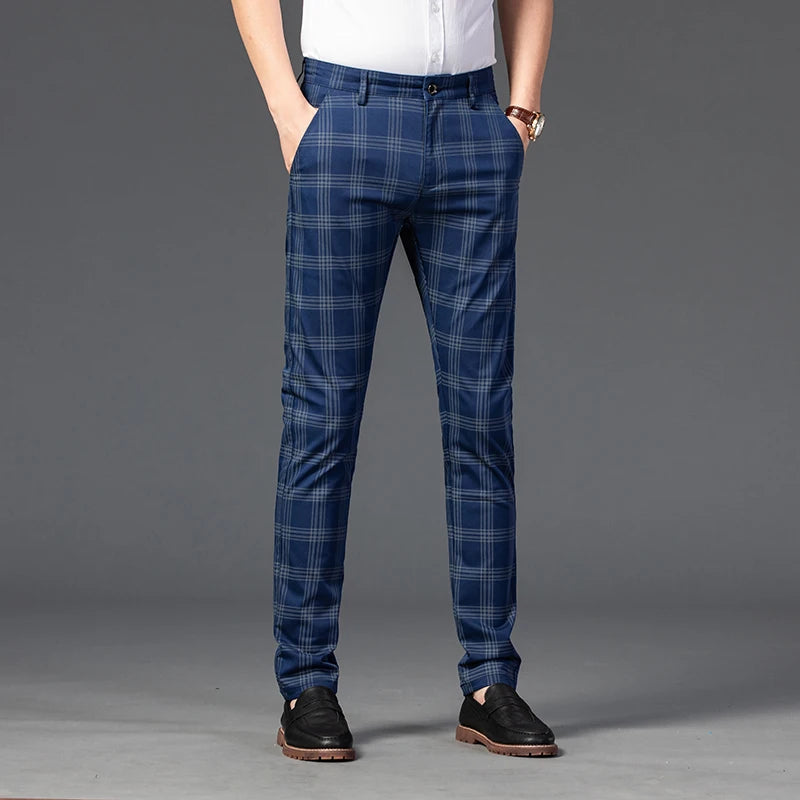 2025 Spring New Men's Plaid Casual Pants Business Fashion Slim Stretch Male Skinny Trousers Brand Clothes 7 Color