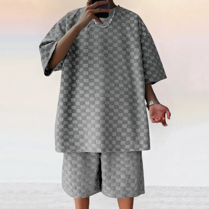 Men's Sports Suit Summer New High Street Jacquard Plaid T-shirt Shorts Two-piece Set Male Casual Retro Loose O-neck Top