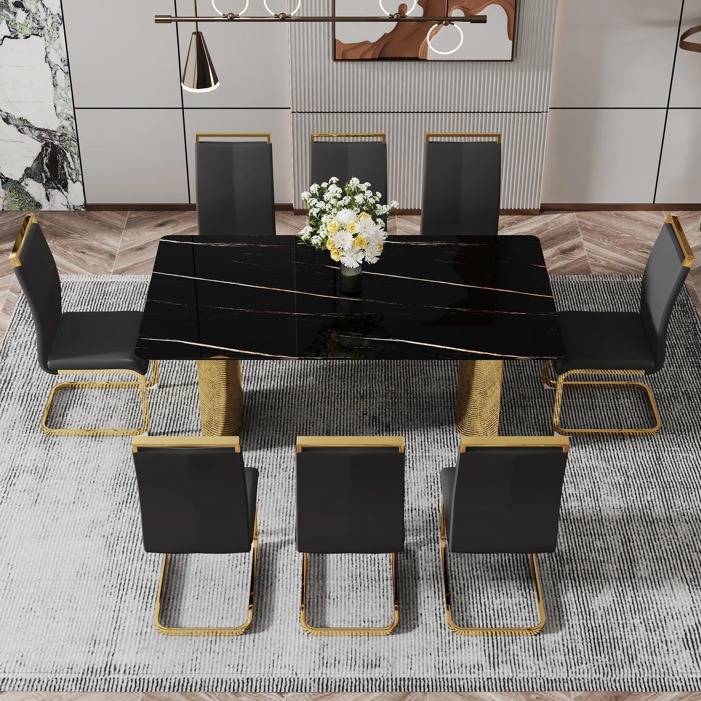 Modern Minimalist Square Dining Table with Black Patterned Glass Top Golden Metal Legs for Home Furniture Apartments Restaurants