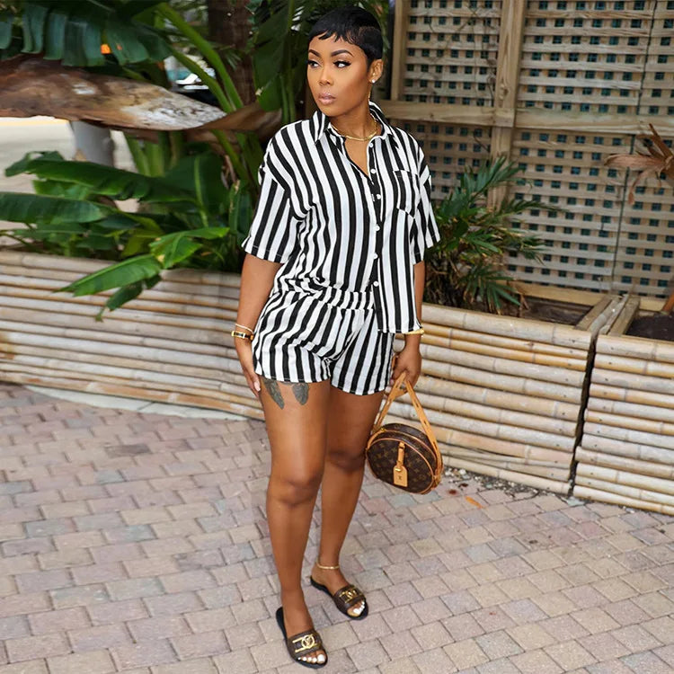 Women's Summer Two-Piece Set Above Knee Crop Top & Booty Shorts Hawaiian Lace Vacation Outfits Striped Print Washed Technique