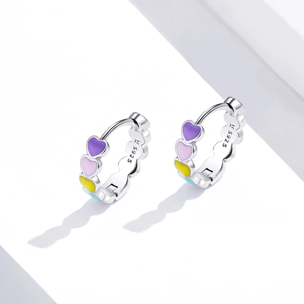 Genuine 925 Sterling Silver Women Multicolor Enamel Heart Hoop Earrings Rainbow Trend Jewelry for Girl Gift SCE909