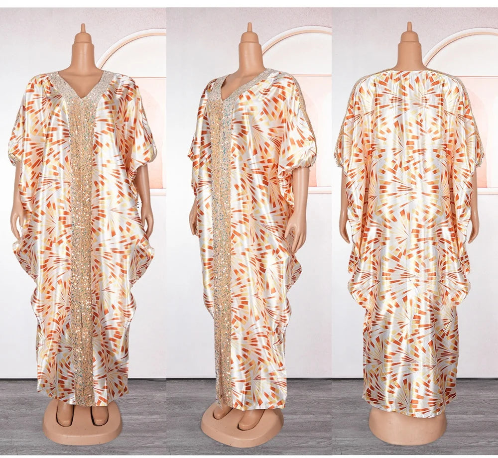 New Fashion Women Africa Summer Spring Short Sleeve Robe Printing Patchwork Sequin V-neck Long Dress Muslim Casual Dresses