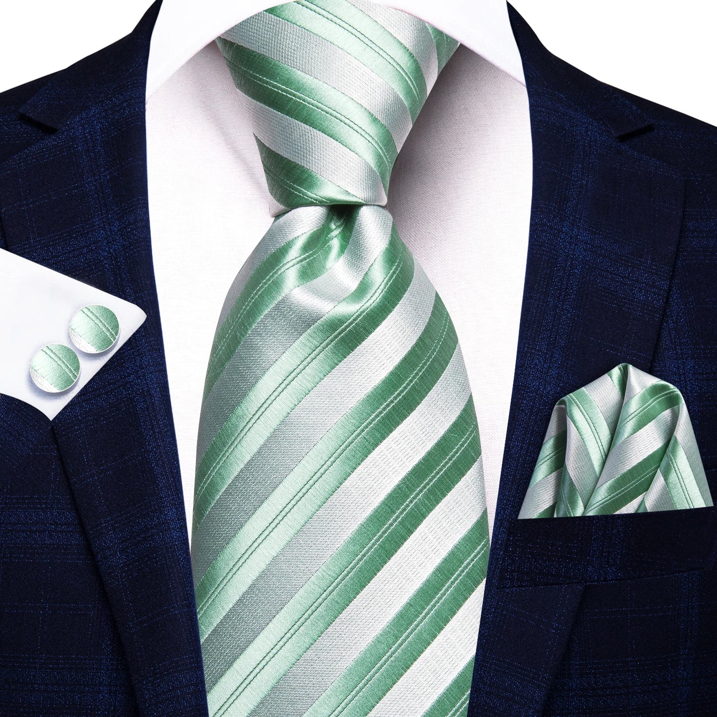 Free Shipping Men's Green Stripe Tie Classic Wedding Necktie and Pocket Square Cufflinks Set