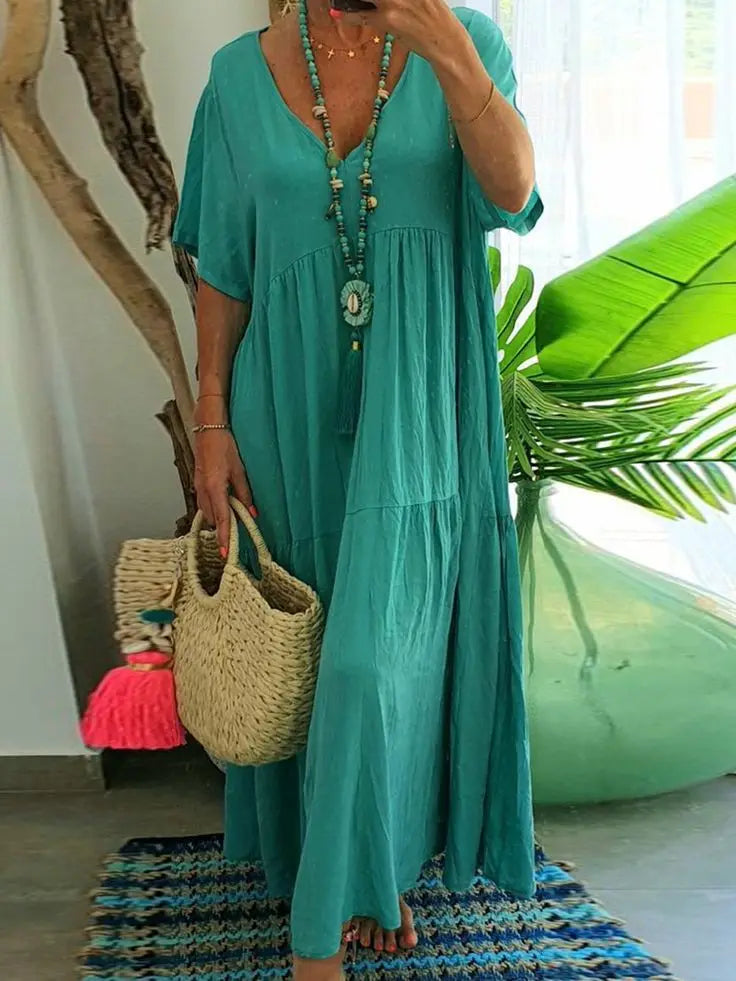 Simple Summer Women's Casual Loose Plain Long Maxi Dresses Plus Size Sundress Short Sleeve Women Boho Dress