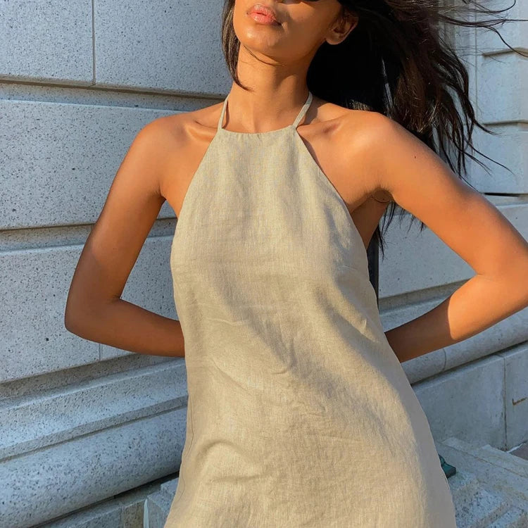 Good Price Manufacturer Lace-Up Halter Neck Hot Girls Women's Backless Short Dress Sexy Summer Cotton Linen Dresses For Women