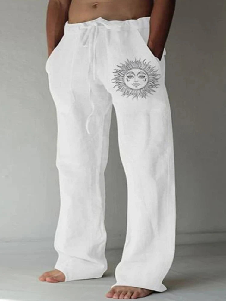 Plus Size 5xl Mens Loose Pants 2025 Summer Casual Linen Pants Male Fashion Print Trouser Men Patchwork Drawstring Leisure Pant