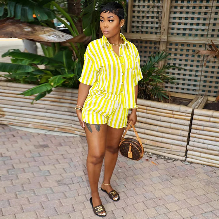 Women's Summer Two-Piece Set Above Knee Crop Top & Booty Shorts Hawaiian Lace Vacation Outfits Striped Print Washed Technique