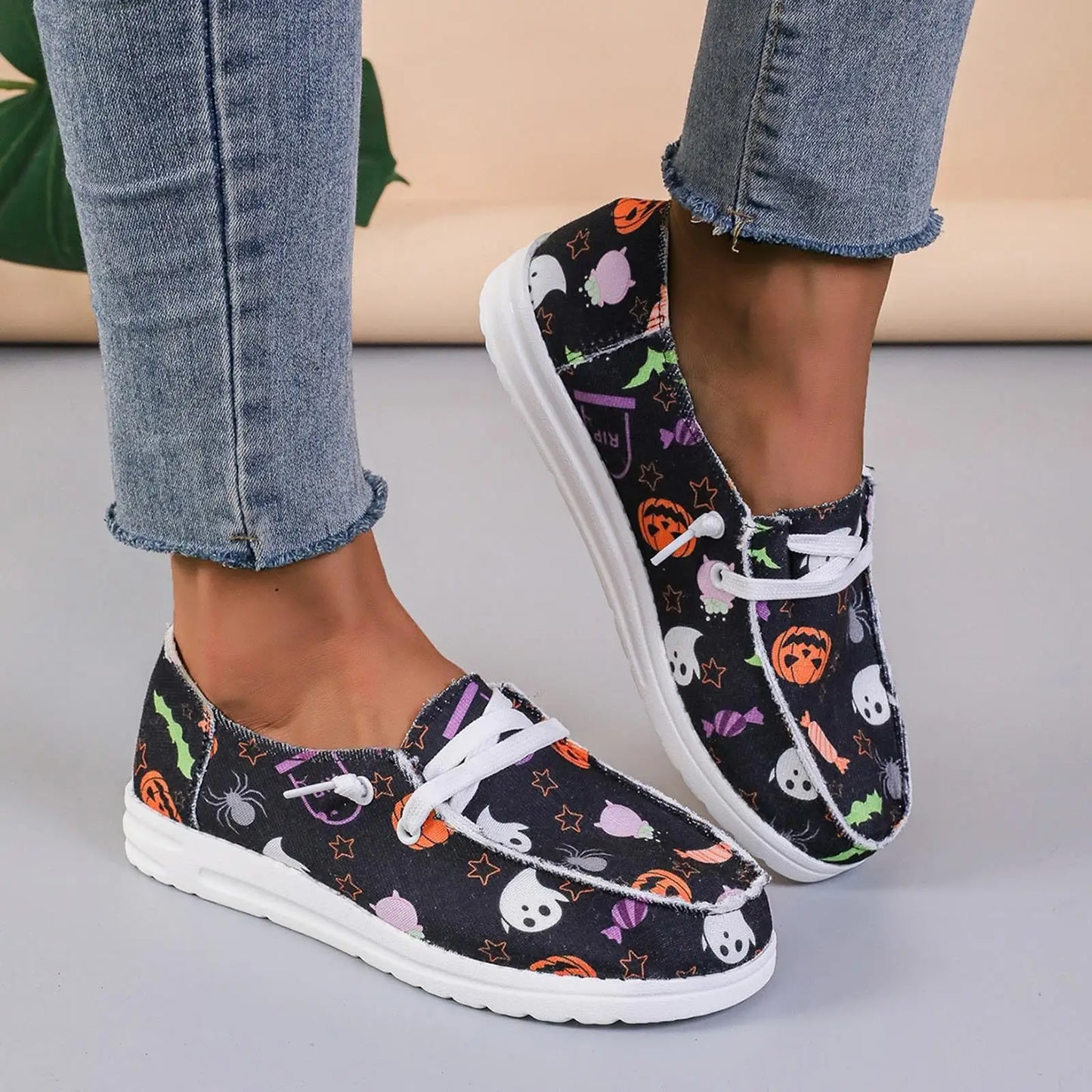 rola Halloween canvas shoes women's pumpkin print ghost pattern flat casual women's shoes