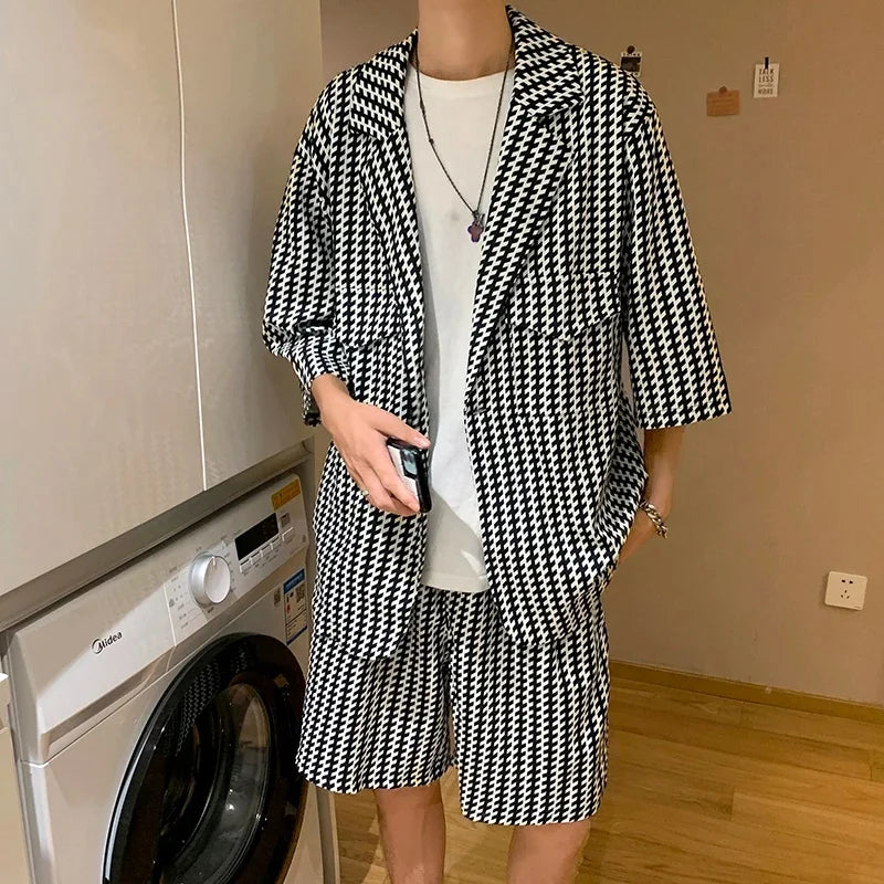 Jacket+Shorts Korean New Style Men in the Summer Leisure Short Sleeve 2 Pieces Suits Male Design Slim Fit Fashion Blazers W117