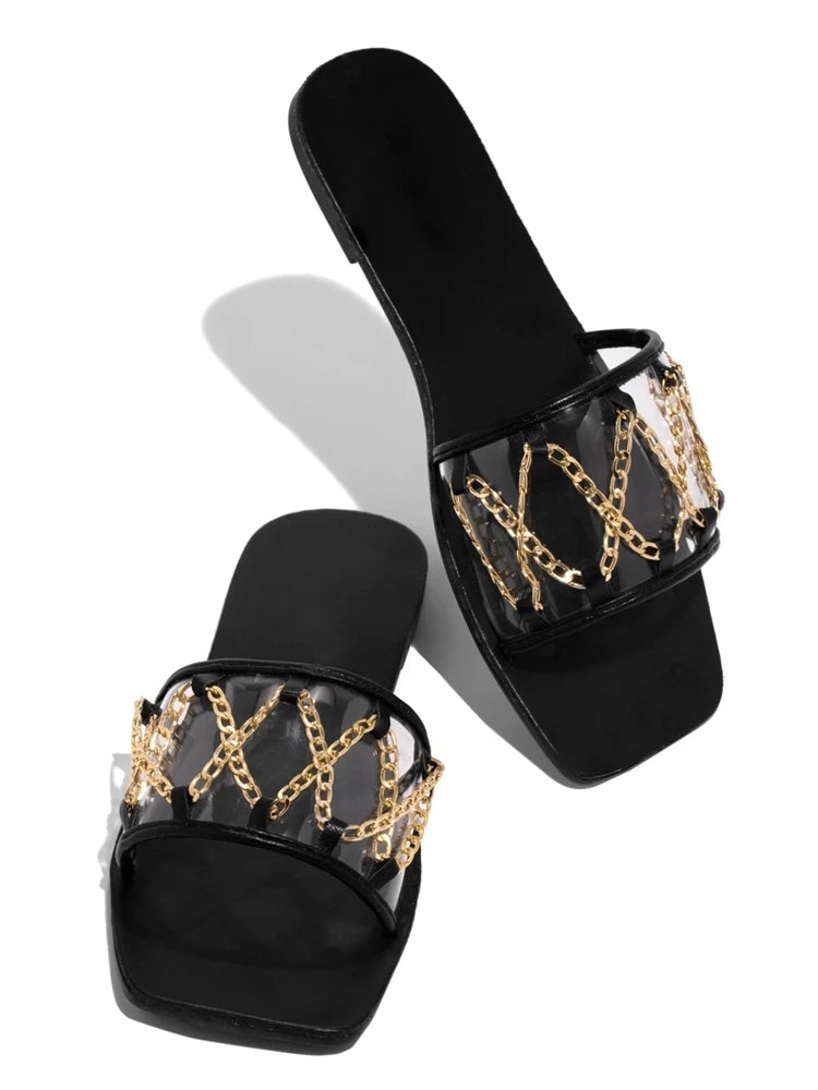 Women 2021 Summer Square Heel Metal Decoration Cross-tied Slides Ladies Flat Transparent Female Casual Outdoor Sandals Slippers