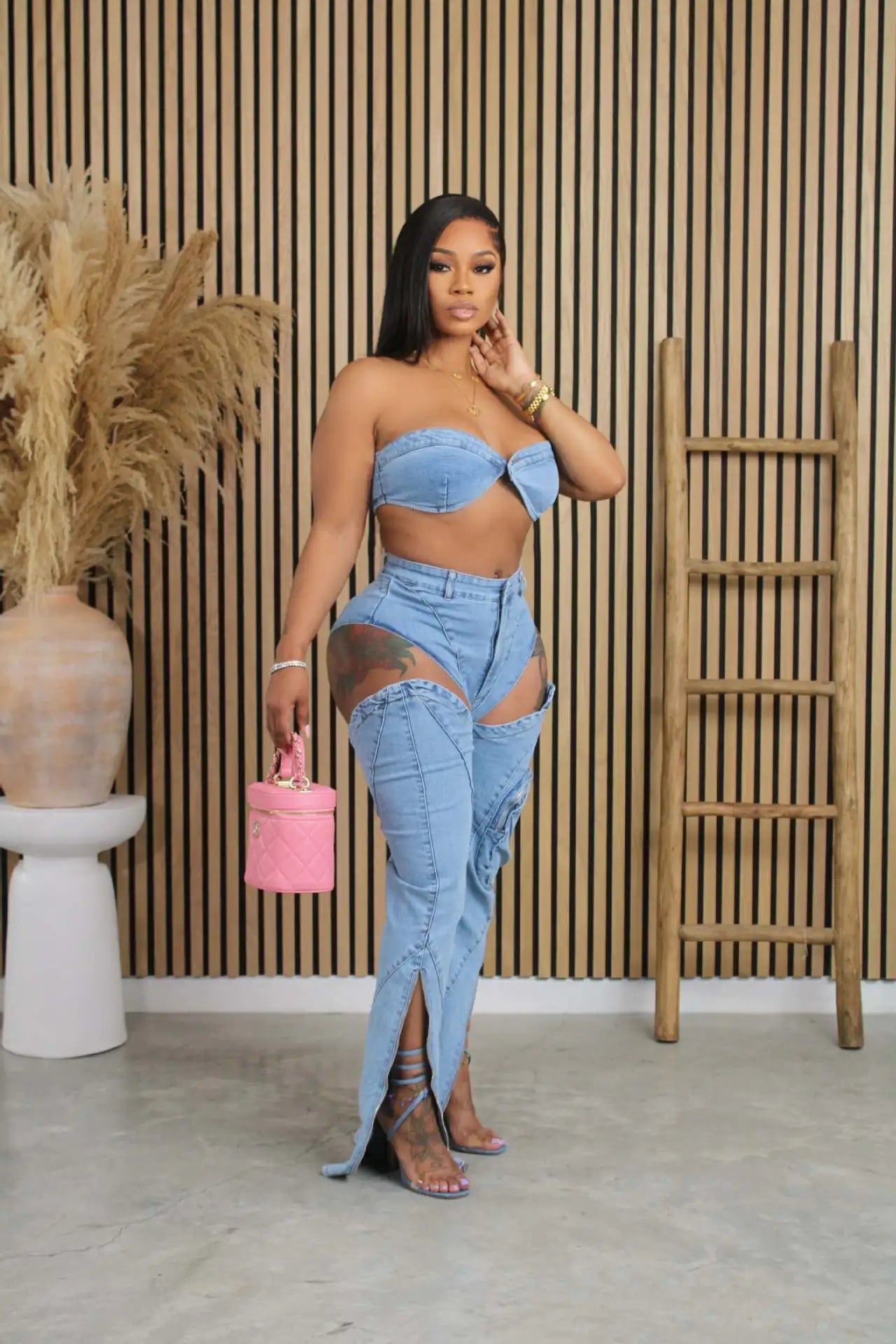 Liu Ming New Products Summer Women Sexy Strapless Wrapped Tops Sleeveless Hollow Slit Long Jeans Pants Set