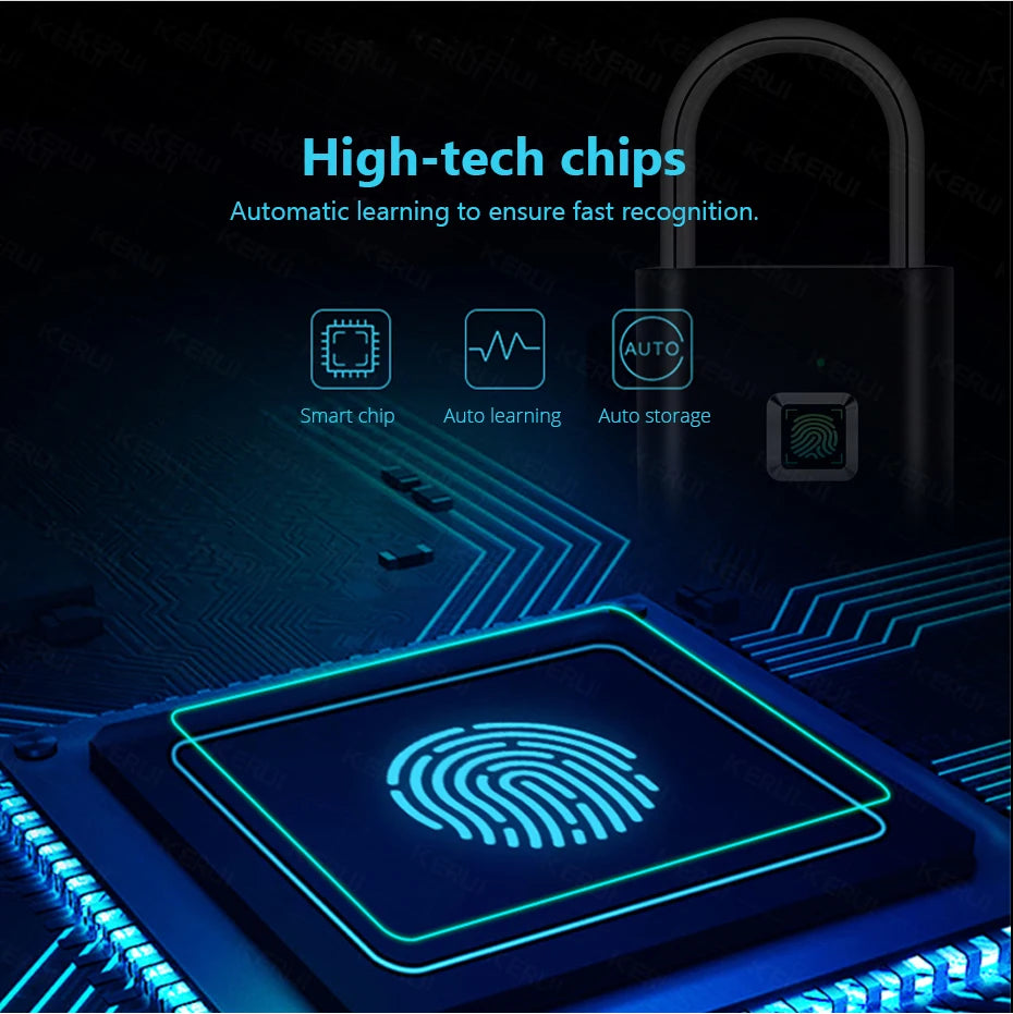 KERUI Smart Fingerprint Padlock Waterproof Zinc Alloy Biometric Padlocks With Built-in Rechargeable Battery Door Lock