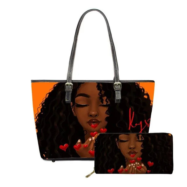 Women's Luxury Cute Afro African Girls Printed PU Leather Water Resistant Zipper Closure Tote Bag Custom Big Fancy Handbag Set