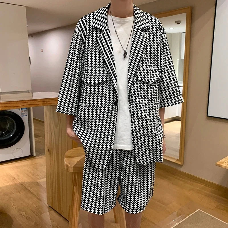 Jacket+Shorts Korean New Style Men in the Summer Leisure Short Sleeve 2 Pieces Suits Male Design Slim Fit Fashion Blazers W117