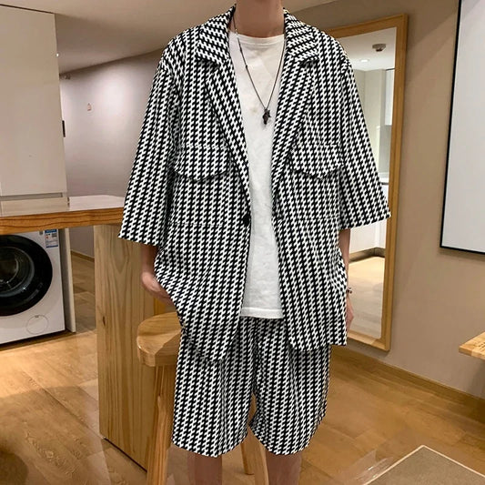 Jacket+Shorts Korean New Style Men in the Summer Leisure Short Sleeve 2 Pieces Suits Male Design Slim Fit Fashion Blazers W117