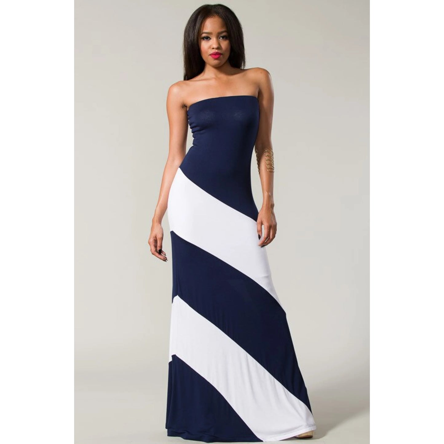 Color Block Maxi Strapless Prom Dress with TD Design