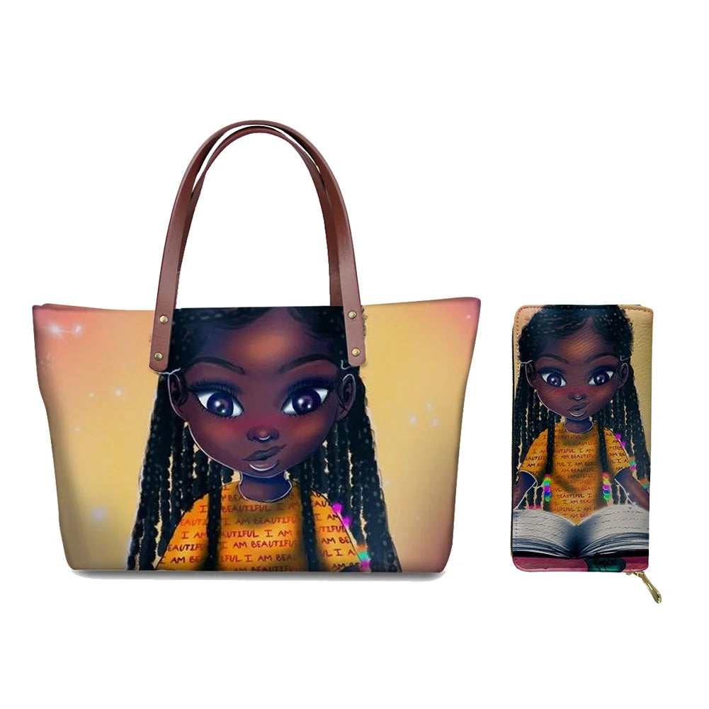 High Quality Latest Custom Pattern Women Hand Bags Black Art African Girls Printed Top Handle Tote Bag Luxury Purse for Ladies