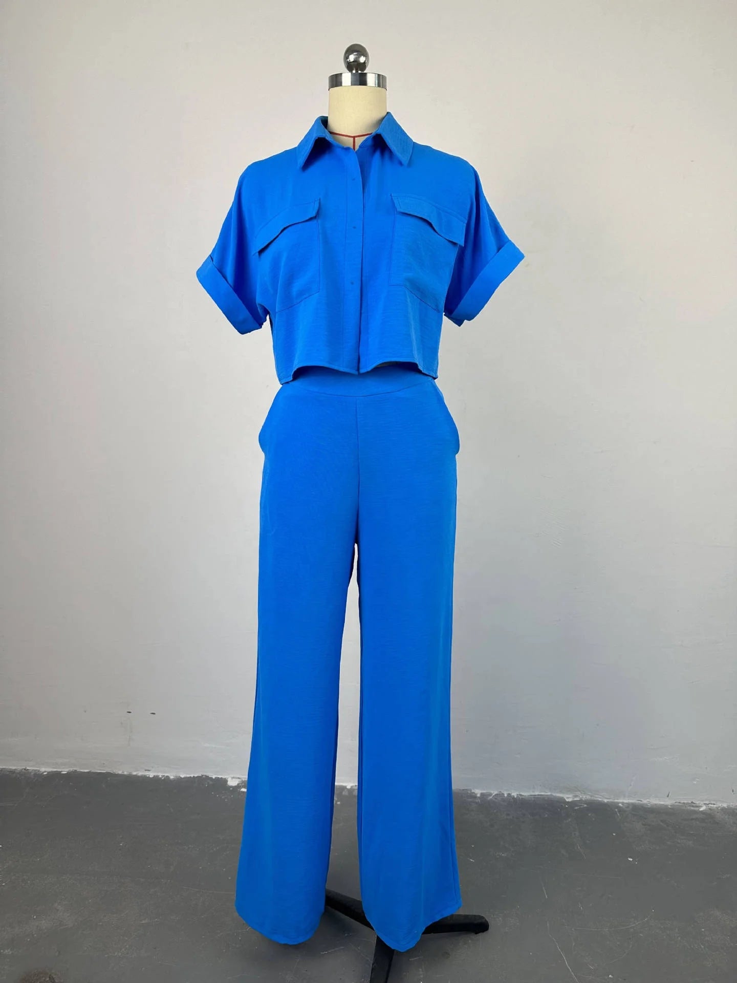 Women's Summer Casual Lapel Short Sleeve Shirt Wide Leg Pants 2 Pieces