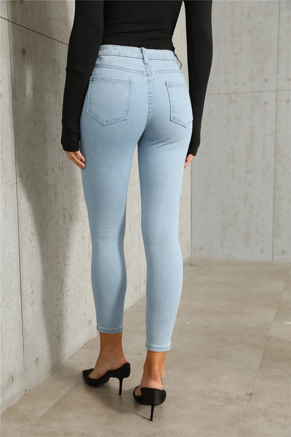 Plus Size XS-6XL Women' Mid Waist Stretch Skinny Denim Jeans Pants Summer Spring Blue Retro Washed Elastic Pencil Trousers 50%