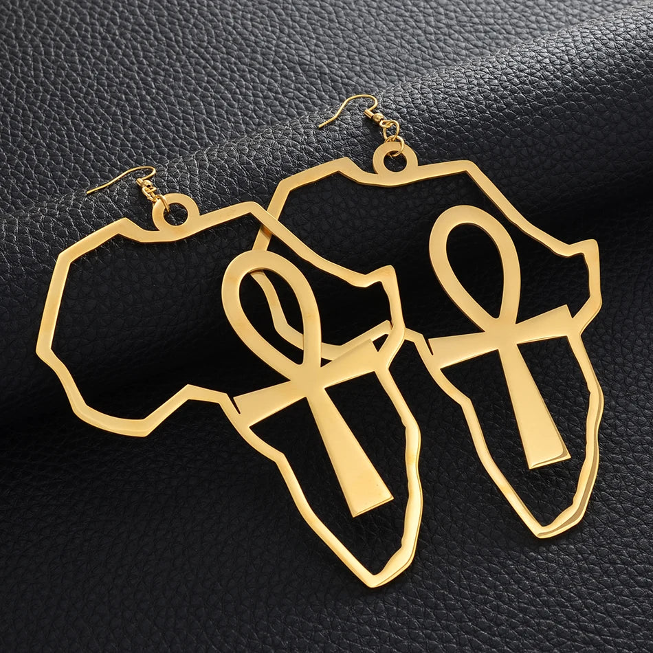 Anniyo African Map Big Ankh Earrings Exaggerate Larger Earring Africa Egypt Nile Key Traditional Ethnic Hyperbole  #154721