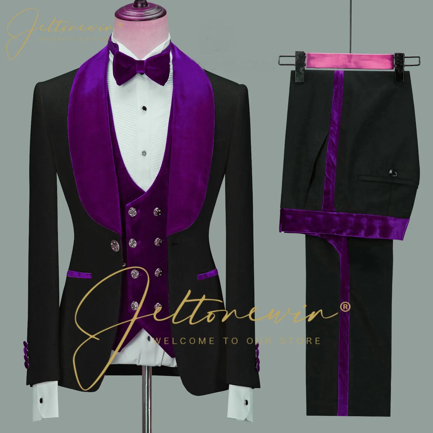 Fashion Designs Men Suits Groomsman Black Floral Jacket Burgundy Velvet Lapel Formal Groom Wear Wedding Party Dress Prom Tuxedos