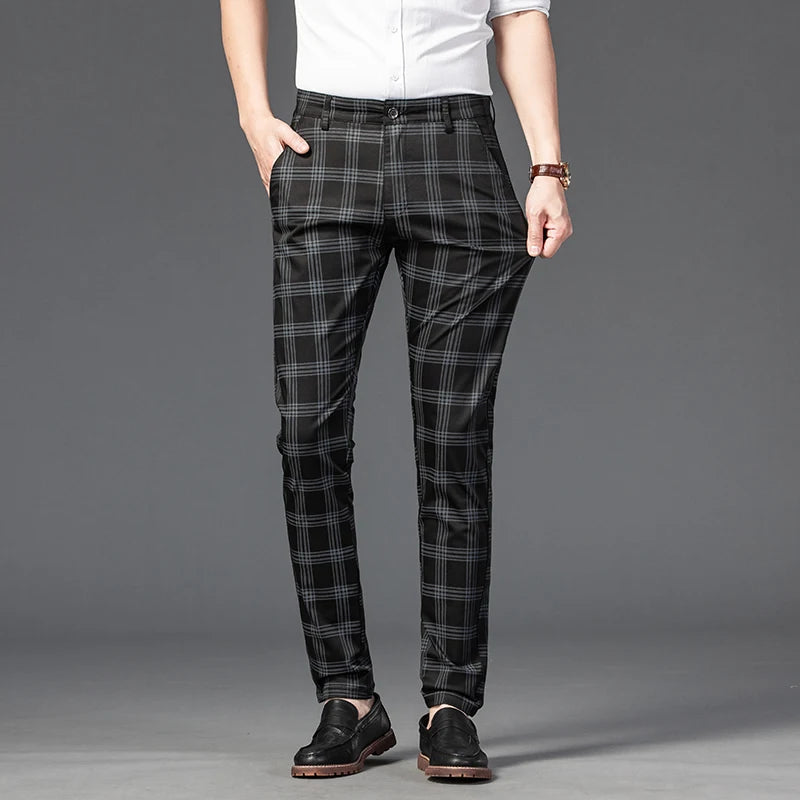 2025 Spring New Men's Plaid Casual Pants Business Fashion Slim Stretch Male Skinny Trousers Brand Clothes 7 Color