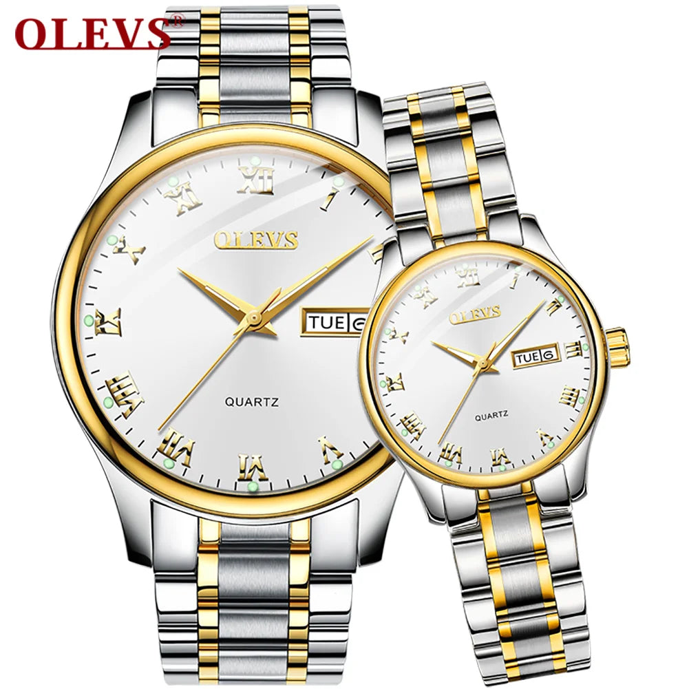OLEVS Brand Wristwatch Fashion Business Couple Quartz  a Pair  Watch Stainless Steel Waterproof Luminous Watch for Men and Women