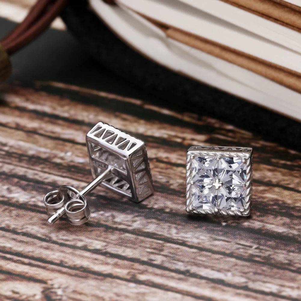 BIG Large 8mm Hip Hop Men Iced Out Earring S925 Sterling Silver Square Cubic Zirconia 14K White Gold CZ Stud Earring Womens