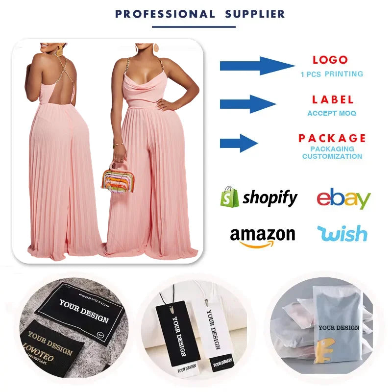 D3281 Latest Design Sexy Summer Jumpsuit Women Chain Halter Neck High Waist Backless Pleated Wide Leg Jumpsuit for Ladies
