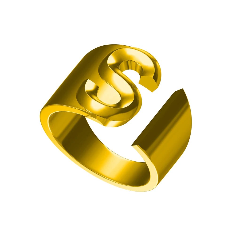 Letter Ring A-Z  26 Capital Letters Plated  Real 18K Gold Opening Adjustable Man Women Fashion Jewelry Rings